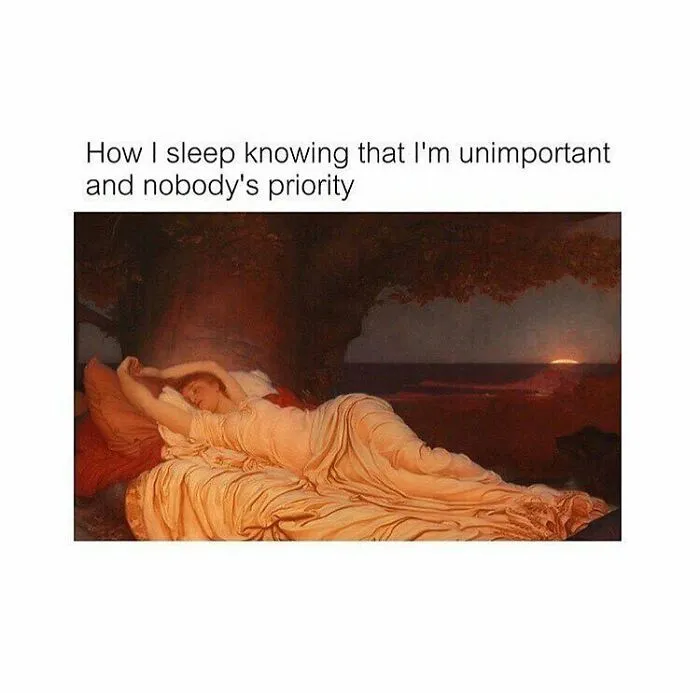 A humorous art history meme depicting a sleeping figure with a relatable caption.