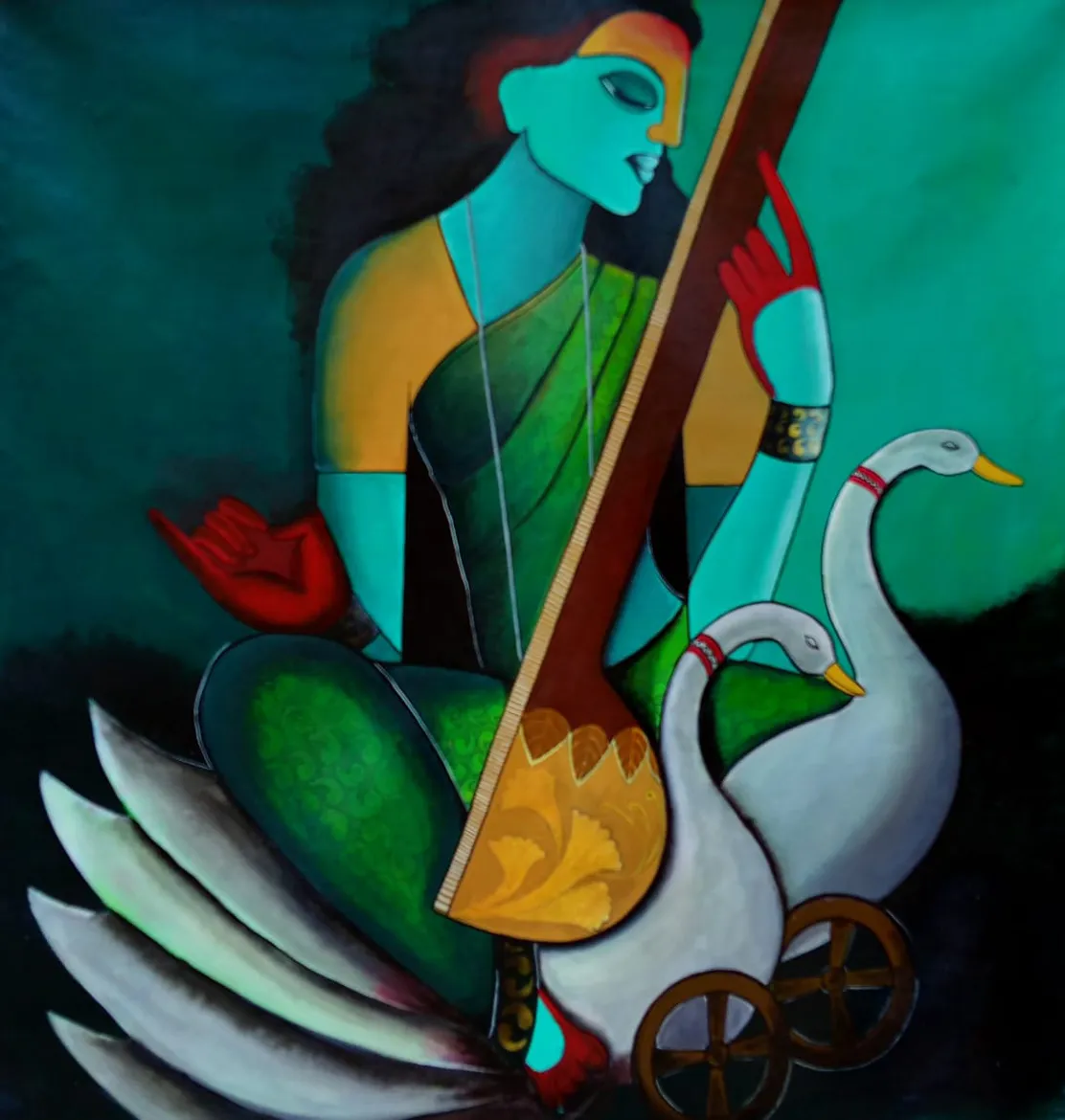 Music Band Handpainted Maa Saraswati Wall Art, Acrylic On Canvas, Square Painting By Randhir Gupta