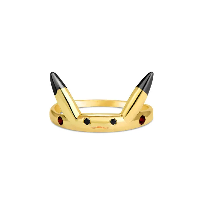 Pikachu Inspired Ring- 14k Gold, Black Diamonds, Rubies
