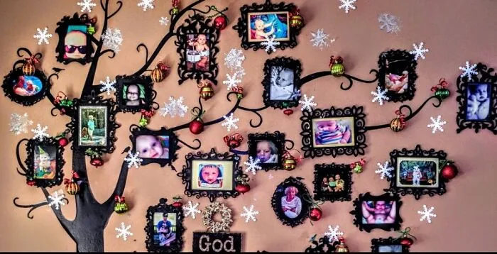 This A Wall Mural Of My Son I Hot Glues Ornaments And Snowflakes To The Wall To For Christmas