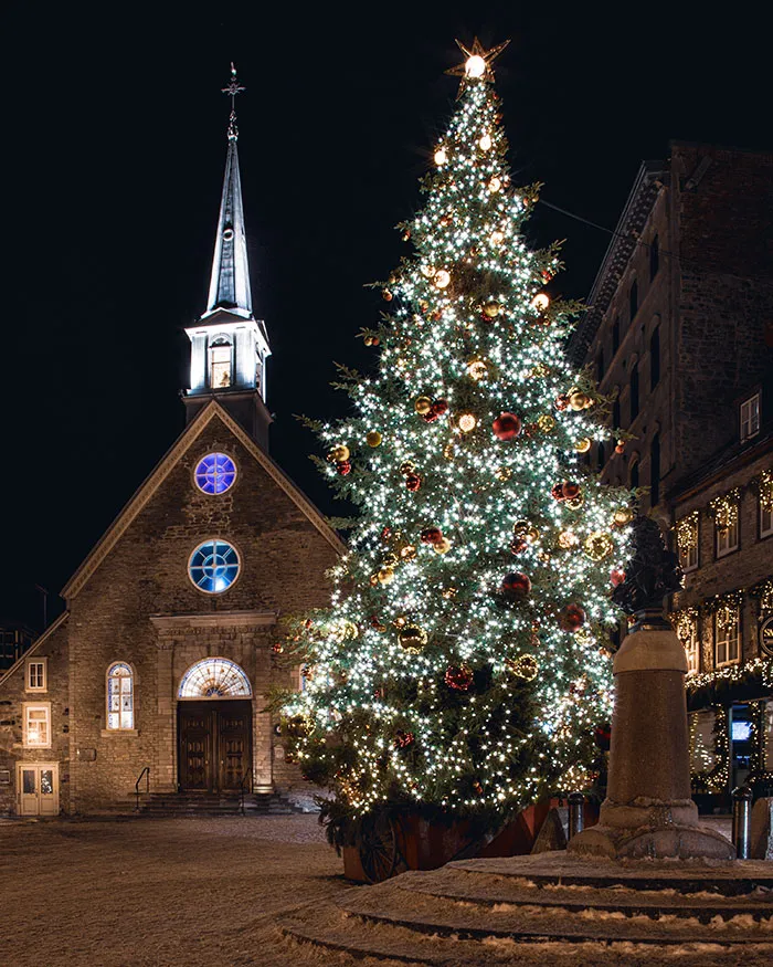 Decorated Christmas tree near church