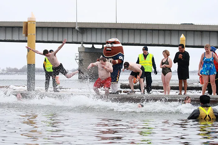 Persons jumping and swimming in cold water