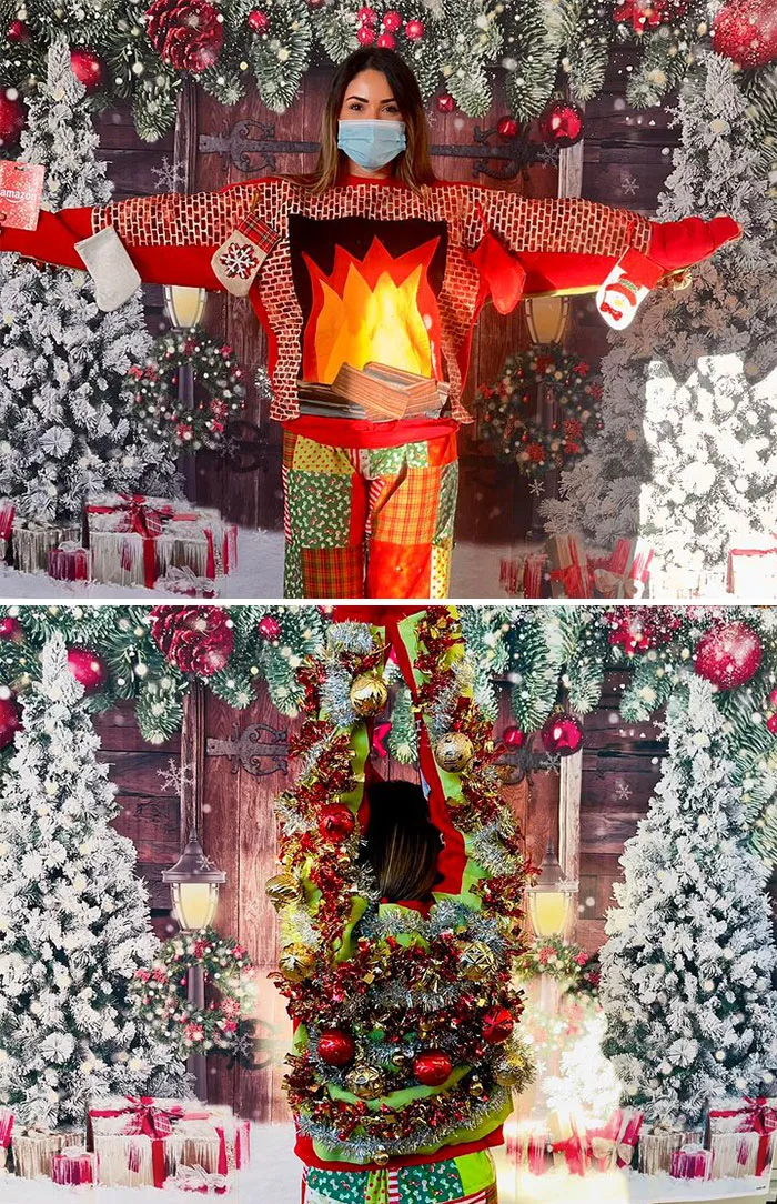 Carrie Won Our Staff's "Ugly Christmas Sweater Contest". Congratulations! We Applaud Your Creativity. Fireplace And Mantel On The Front And Christmas Tree On The Back