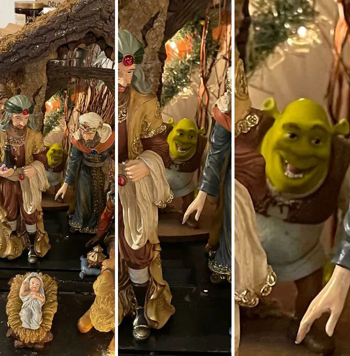 Nativity scene with humorous addition of Shrek, making Christmas more amusing.