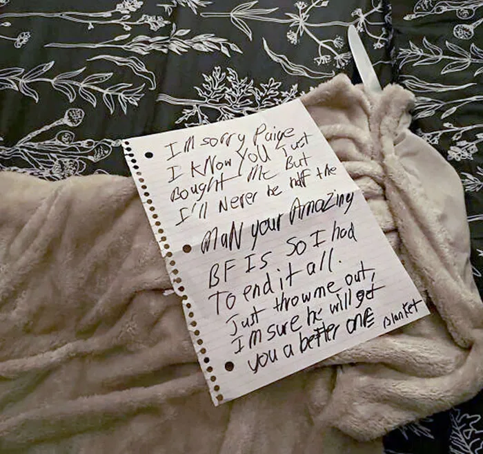 Funny breakup note left on a fuzzy blanket, adding humor to Christmas.