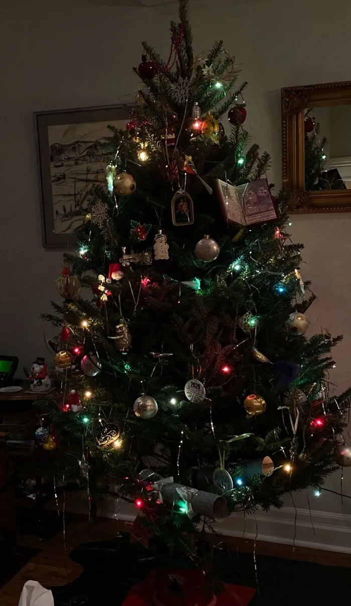 Smallish Real Tree Fraser Fir. Many Vintage Ornaments