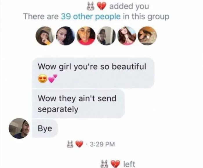 Group chat mistake with a failed private message attempt, showing awkward cringe pic moment.