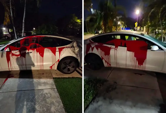 Un vecino estacionó su Tesla bloqueando el paso y alguien le lanzó pintura roja a su coche 