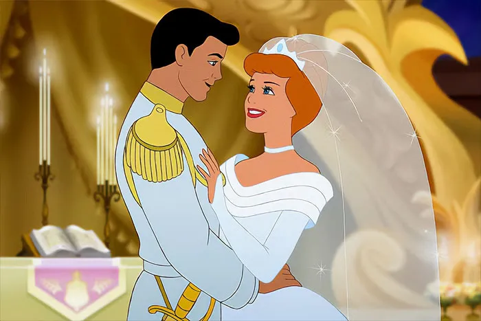 Cartoon couple in a romantic embrace at their wedding, wearing elegant attire and surrounded by candles.