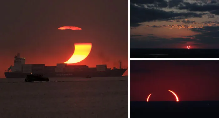 Un atardecer despejado más un eclipse es algo súper raro, y cuando ocurre, se obtienen estos increíbles paisajes apocalípticos