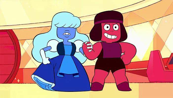 Cartoon couple holding hands in a colorful room, illustrating sweet love.