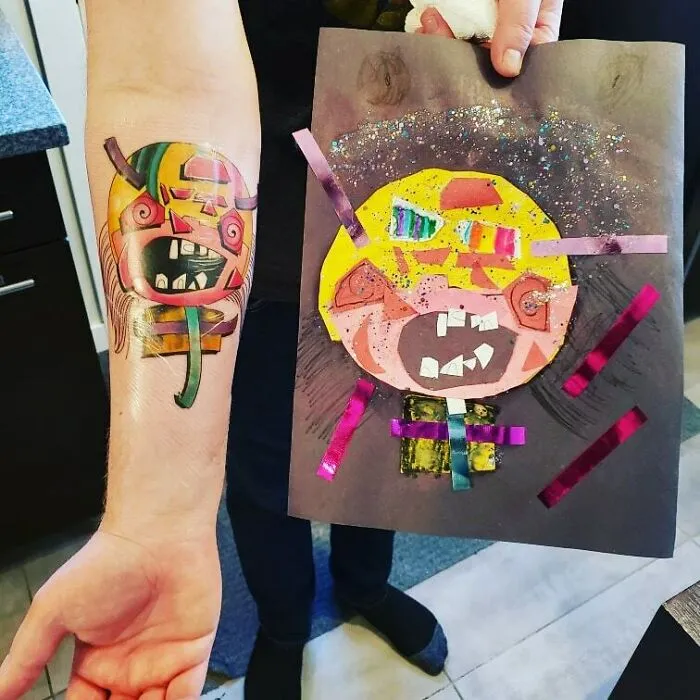 Kiddo Created A Crazy Creature Out Of Construction Paper So I Had My Tattoo Artist Interpret It!