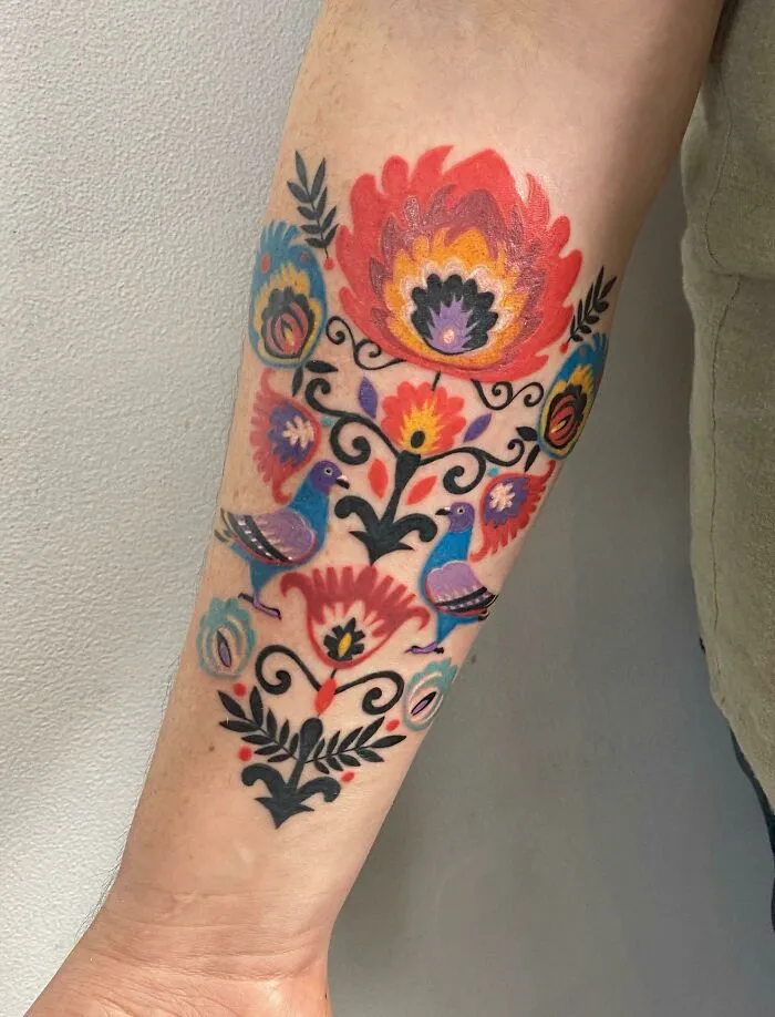 My Eastern European Folk Art Tattoo With Pigeons. Done By Koral At White Rabbit In NYC