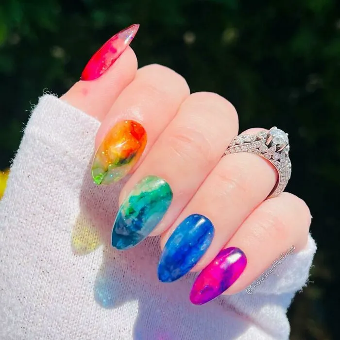Rainbow Marble Glitter Nails