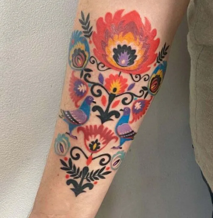 Eastern European Folk Art Tattoo With Pigeons