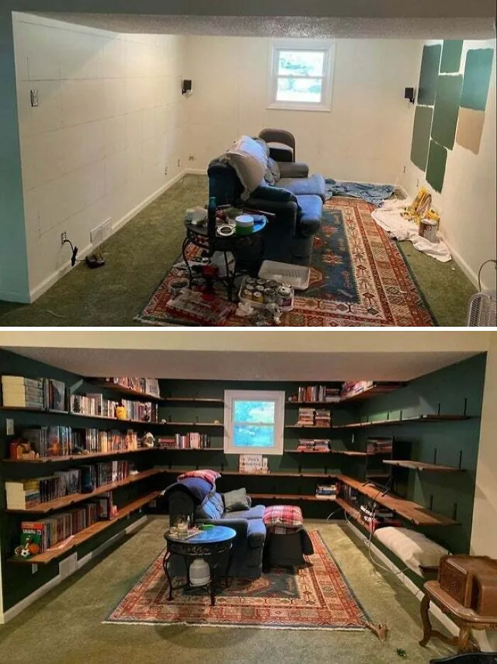 Before And After Of Our Basement Nook I Turned Into A Library