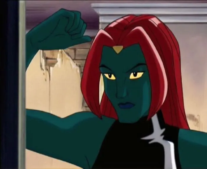 Female cartoon character with red hair and green skin showcasing strength and confidence.
