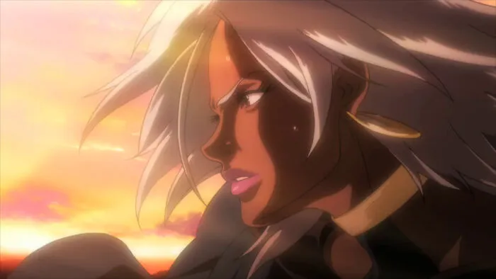 Strong female cartoon character with white hair gazing intensely at sunset.