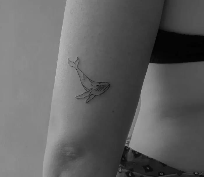 Minimalist whale tattoo on inner arm, showcasing simple and aesthetically pleasing design.