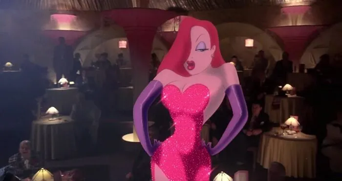 Female cartoon character in a red dress and purple gloves performing on stage, showcasing fame and strength.