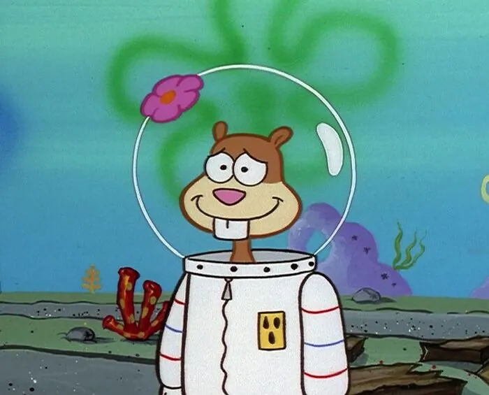 Female cartoon character in a spacesuit with a flower helmet, embodying fame and strength underwater.
