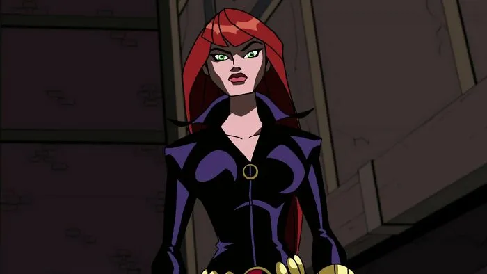 Red-haired female cartoon character in a black suit, showcasing fame and strength in a dynamic setting.