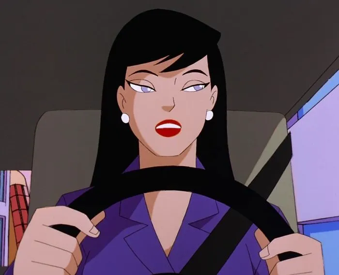 Female cartoon character driving, portraying fame and strength with confident expression.