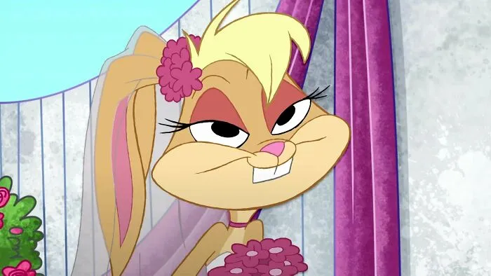 Cartoon character with flowers and a veil, embodying fame and strength.