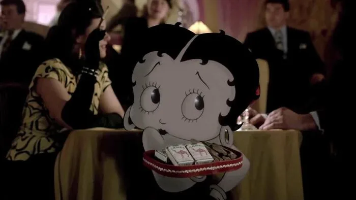 Cartoon character holding a tray at a formal event, surrounded by people in stylish attire, showcasing fame and strength.