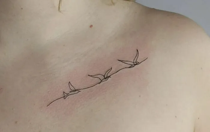 Fine-line tattoo of three birds in a single-line design on the upper chest.