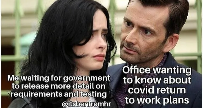 Two people in a meme discussing typical HR person issues related to COVID return to work plans.