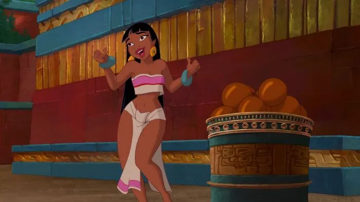 Female cartoon character standing next to decorated basket, showcasing fame and strength in vibrant setting.