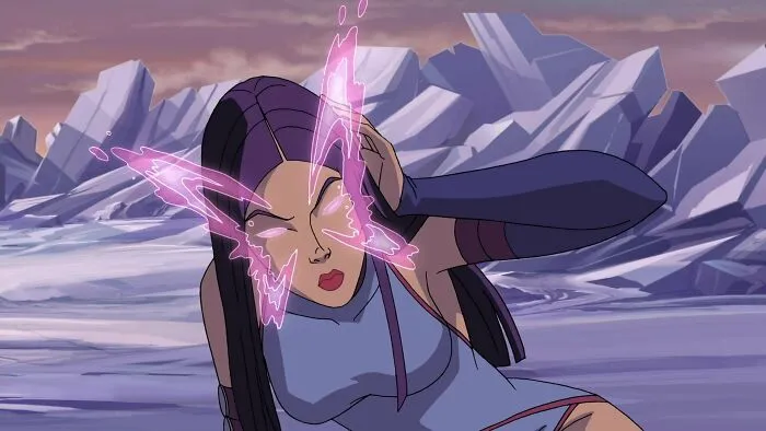 Female cartoon character with glowing pink butterfly mask, showcasing strength in icy landscape.