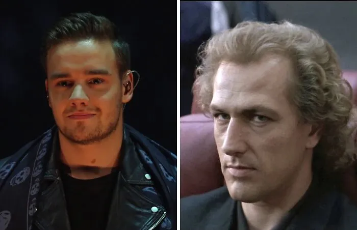 Liam wearing black jacket (left), Brice wearing black suit (right)