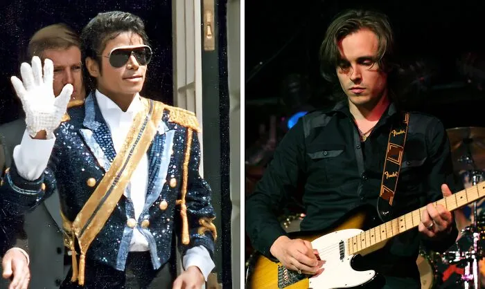 Michael wearing white glove (left), Jonathan playing the guitar (right)