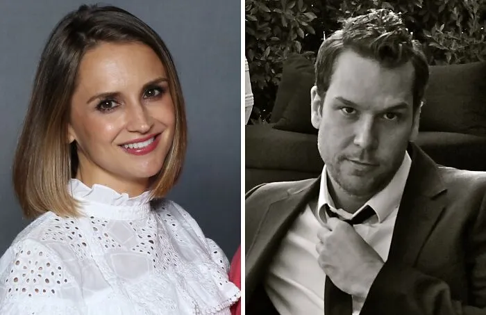 Rachael smiling (left), Dane wearing suit (right)