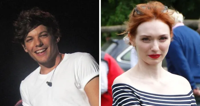 Louis wearing white t-shirt (left), Eleanor with red lipstick on (right)