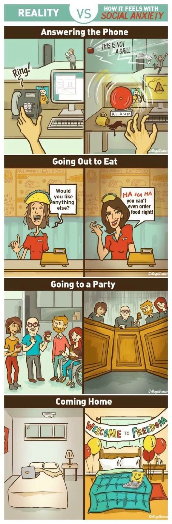Comic comparing reality vs. social anxiety in scenarios like answering the phone and going to a party.