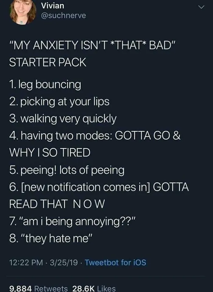 Tweet listing common social anxiety traits in a humorous "starter pack" style.