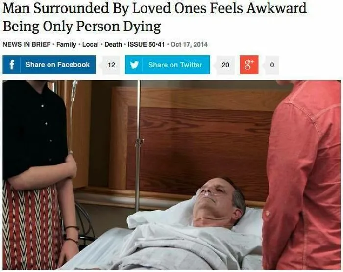 Man in hospital bed with family, highlighting social anxiety in a humorous context.