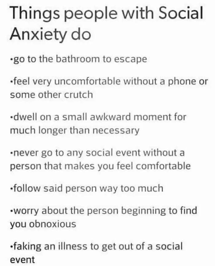 Text list titled "Things people with Social Anxiety do," detailing behaviors like avoiding events and feeling uncomfortable.