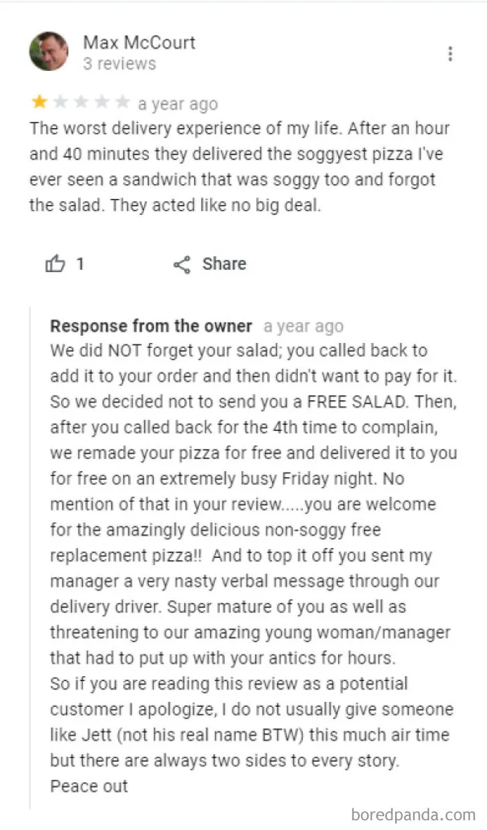 Cb Leaves One Star Review After Getting Free Replacement Pizza But No Salad