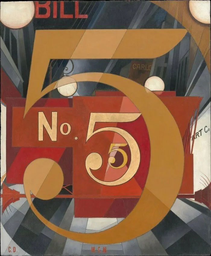 Art Deco painting featuring the number five, demonstrated by masters in watercolor technique.