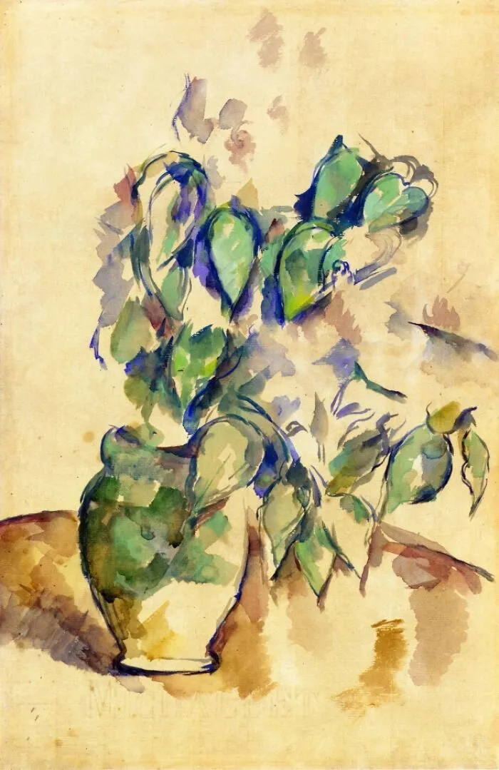 Watercolor painting of a leafy plant in a vase, showcasing masterful brushwork and color blending.
