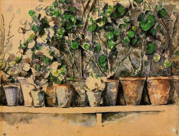 Potted plants watercolor painting by a master of the medium, showcasing vibrant green foliage and earthy pots.