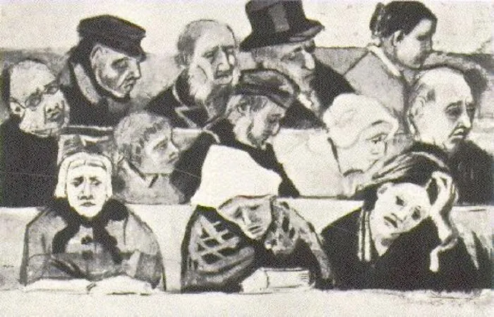 A watercolor painting depicting a group of people with expressive faces, showcasing famous watercolor techniques.