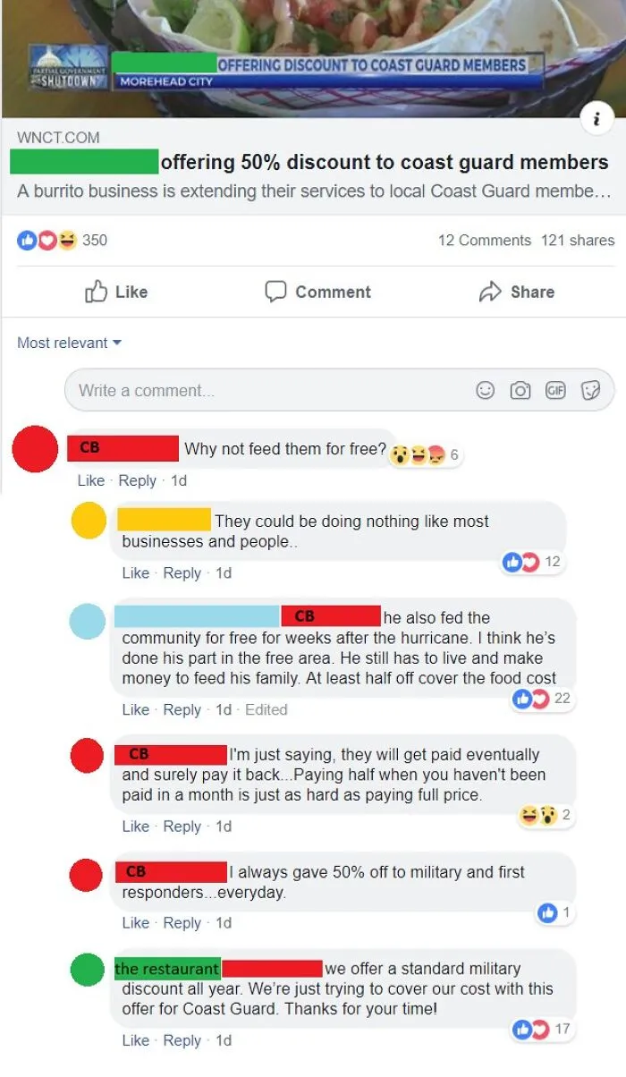 Local Restaurant Offers 50% Discount To Coast Guard Who Are Going Without Pay. Not Good Enough For One Lady