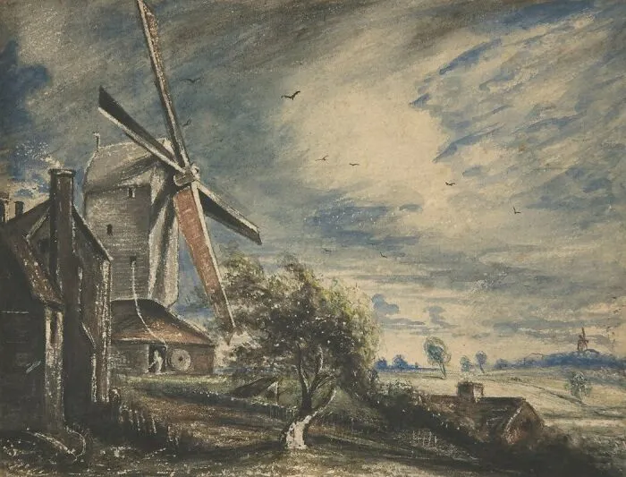 Watercolor painting of a windmill in a rural landscape, showcasing the mastery of the medium with dramatic skies.