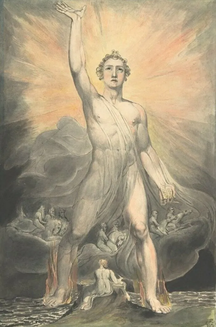 Watercolor painting depicting a large figure with an outstretched arm, surrounded by smaller figures and clouds.
