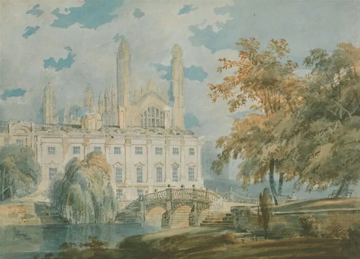 Watercolor painting of a grand building with a bridge and trees in a serene landscape.